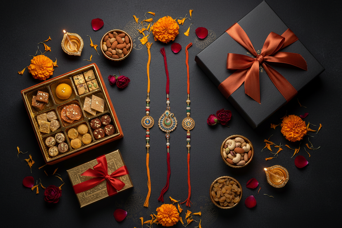 Premium Rakshabandhan gift flatlay with rakhi, sweets, flowers and gift boxes — Zivaka